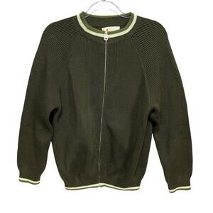 OBERMEYER Men VTG Wool Ski Sweater Sz L 70s 60s Zip Up Green Stripe Retro Gorp